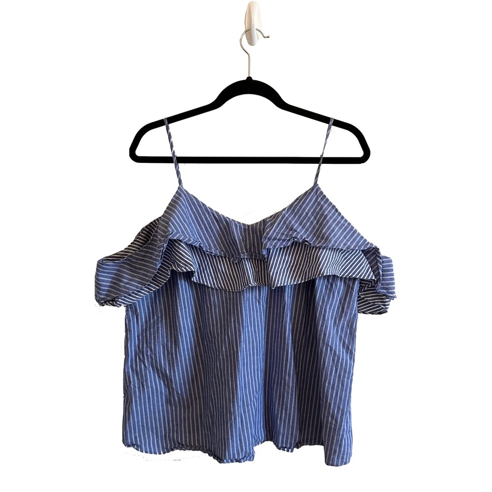A New Day Blue White Striped Cold Shoulder Ruffled Top | Size XL | Coastal Vibes